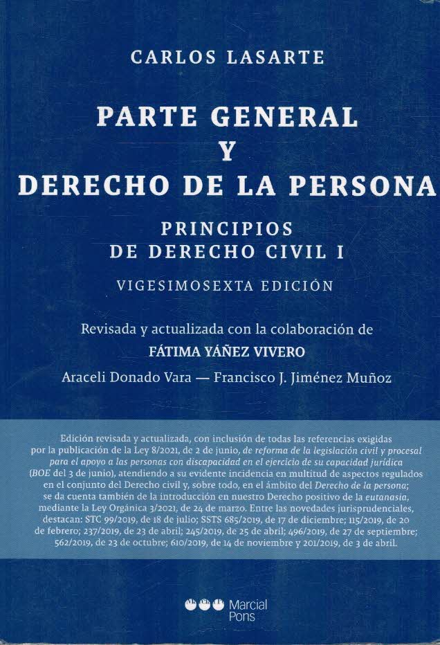 Portada PRINCIPIOS DE DERECHO CIVIL. TOMO 1 PARTE GENERAL Y DERECHO DE LA PERSONA - CARLOS LASARTE ALVAREZ - MARCIAL PONS