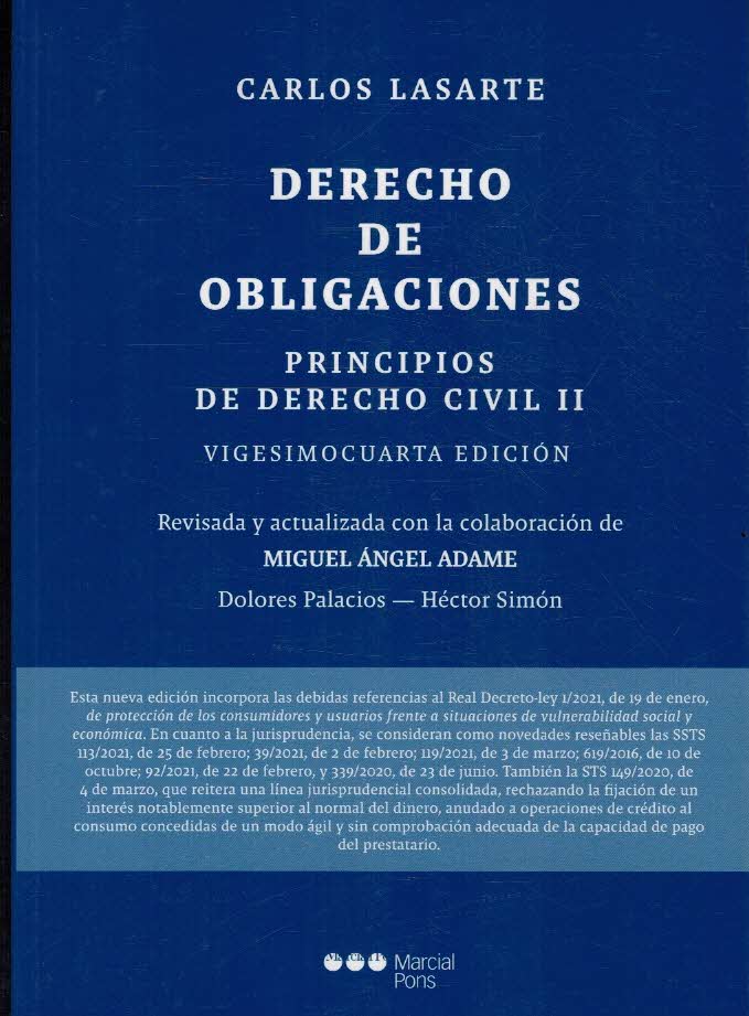 Portada PRINCIPIOS DE DERECHO CIVIL TOMO II DERECHO DE OBLIGACIONES - CARLOS LASARTE ALVAREZ - MARCIAL PONS